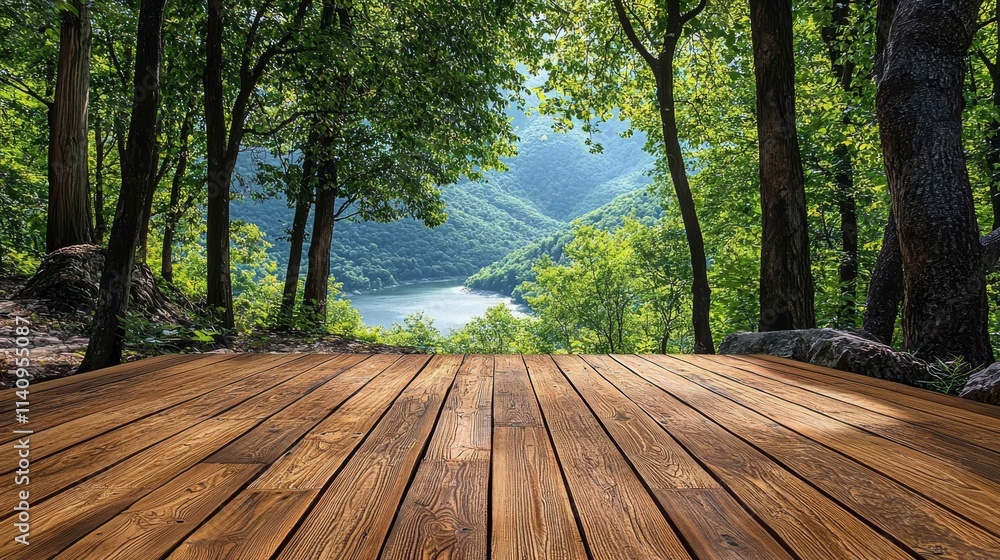 A wooden deck in the middle of a forest with a lake in the background A wooden deck in the middle of a forest with a lake in the background