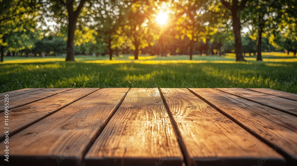 A wooden table in the middle of a grassy field with trees in the background A wooden table in the middle of a grassy field with trees in the background