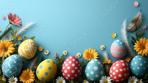 A bunch of colorful easter eggs surrounded by flowers and feathers