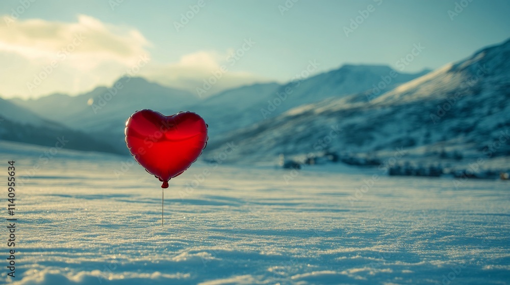 Fototapeta premium Red Heart Balloon in Snowy Mountain Landscape