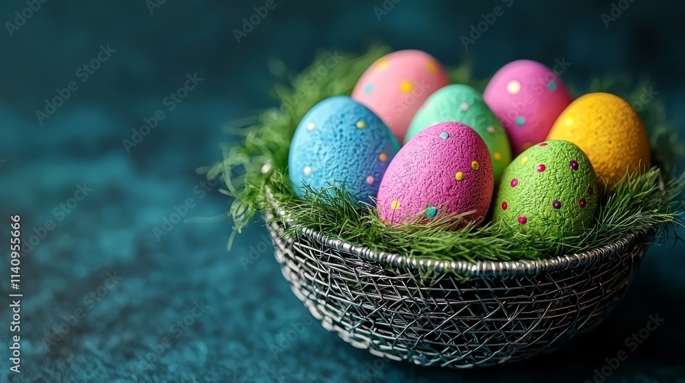 A basket filled with colorful easter eggs sitting on top of grass A basket filled with colorful easter eggs sitting on top of grass