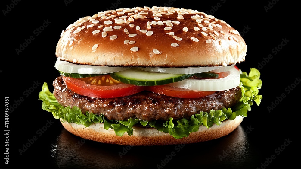 A hamburger with lettuce, tomato, onion and cucumber on a bun A hamburger with lettuce, tomato, onion and cucumber on a bun