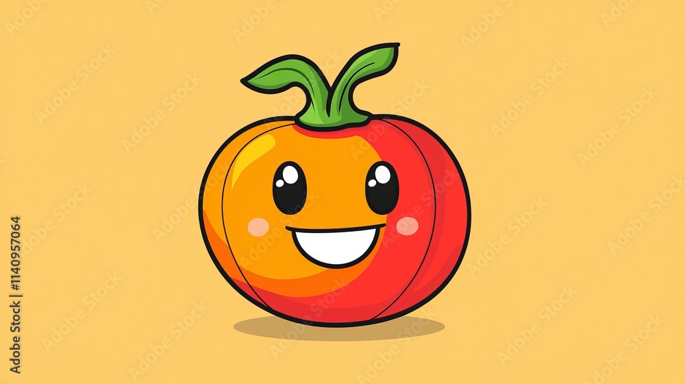 A cartoon tomato with a smiley face on a yellow background A cartoon tomato with a smiley face on a yellow background
