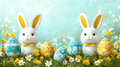 A couple of white rabbits sitting in the grass with easter eggs