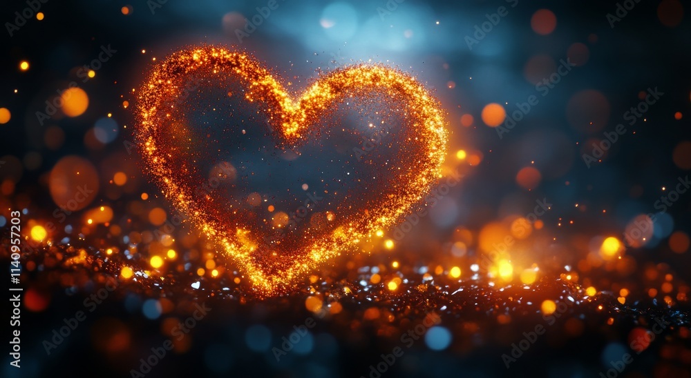 Sparkling heart shape glowing in dark background with bright bokeh effects during nighttime Sparkling heart shape glowing in dark background with bright bokeh effects during nighttime