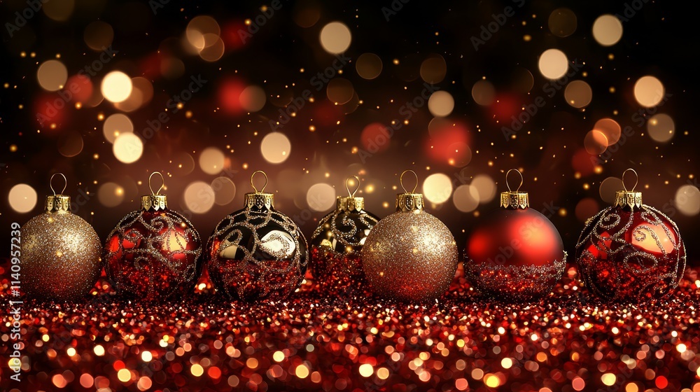 A group of red and gold christmas ornaments on a shiny surface A group of red and gold christmas ornaments on a shiny surface