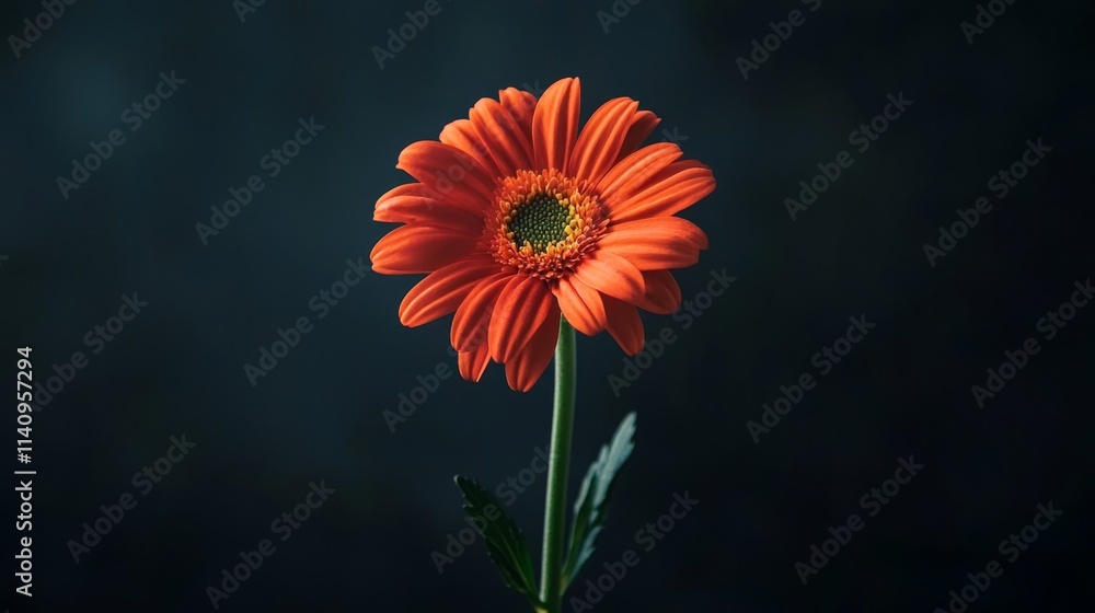 A single orange flower with a green stem on a black background A single orange flower with a green stem on a black background