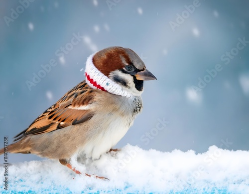 House Sparrow in Knitted Collar on Snow photo