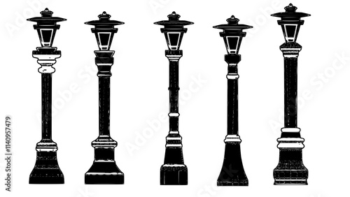 a close up of a group of street lights on a white background, Poles, lampposts, Street lamps, street lamps, street lanterns, street lighting, Street lighting, Street lighting, large beautiful street