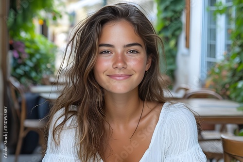 A young woman with long wavy brown hair smiles softly at an outdoor café surrounded by greenery Free Download A young woman with long wavy brown hair smiles softly at an outdoor café surrounded by greenery - GFXLoad