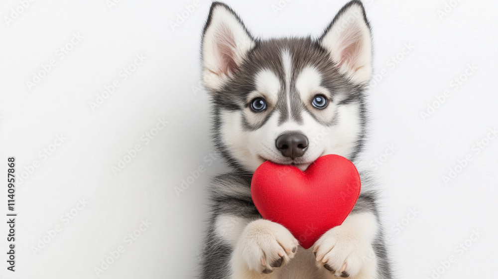 Fototapeta premium Cute husky dog holding a red heart on a white background, Valentine's Day theme