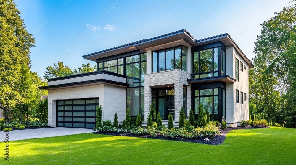 Modern luxury home with large windows, garage, and landscaped lawn. Modern luxury home with large windows, garage, and landscaped lawn.