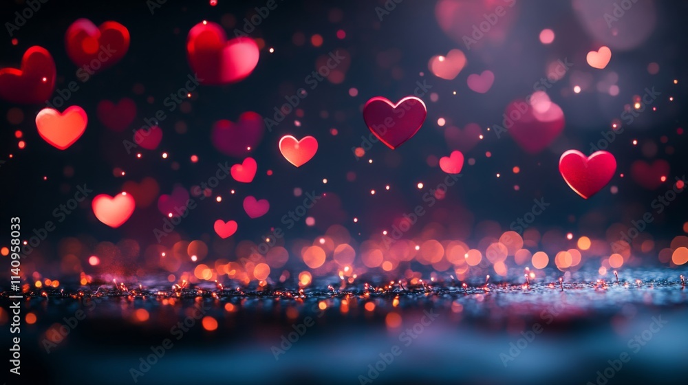 Red Hearts Falling On Sparkling Background Red Hearts Falling On Sparkling Background