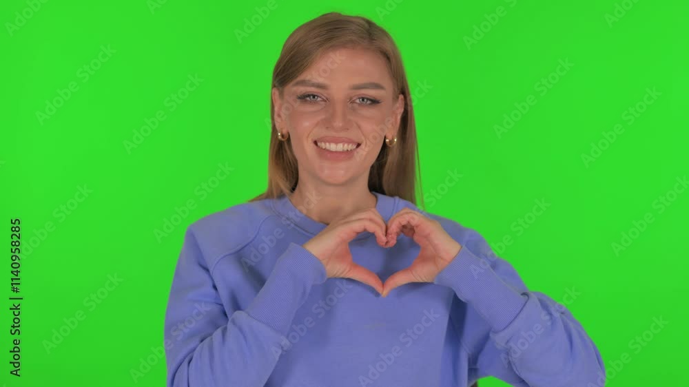 Woman Making Heart Sign with Hands on Green Background Woman Making Heart Sign with Hands on Green Background
