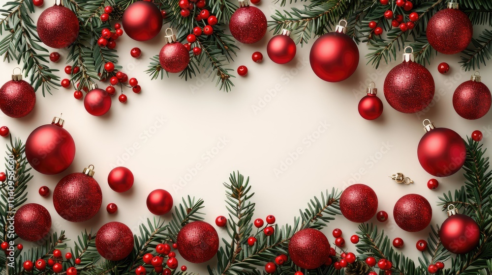 A festive arrangement of red Christmas ornaments and greenery on a light background. A festive arrangement of red Christmas ornaments and greenery on a light background.