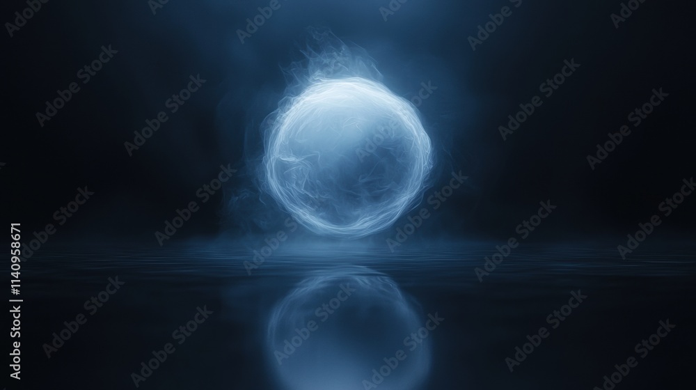 Naklejka premium A glowing blue sphere floating in a dark blue water