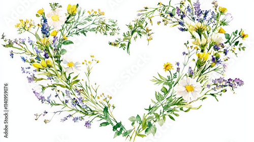 beautiful watercolor heart shaped wreath made of colorful flowers and greenery