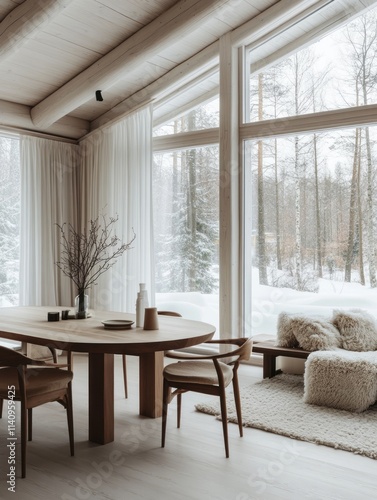 Minimalist wooden cabin dining room with snowy view