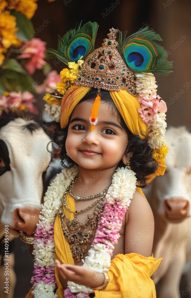 Young Child Dressed as Krishna with Garland, Symbol of Indian Culture and Tradition Young Child Dressed as Krishna with Garland, Symbol of Indian Culture and Tradition