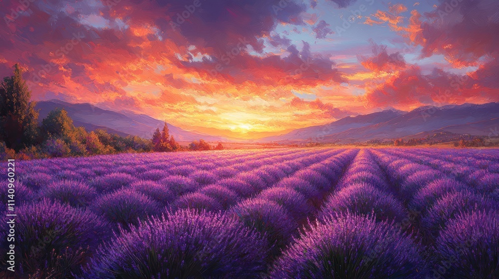 Sunset over lavender fields, mountains in background. Sunset over lavender fields, mountains in background.