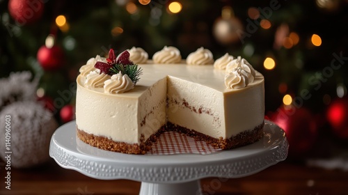 Elegant Eggnog Cheesecake with Christmas Decor in Soft Lighting photo