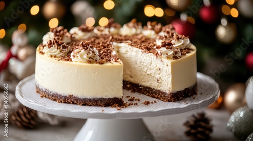 Elegant Eggnog Cheesecake with Christmas Decor in Soft Lighting photo