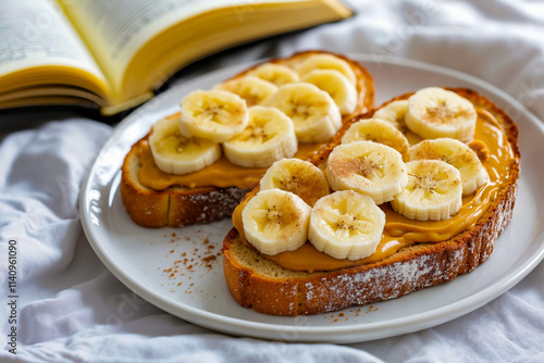 A white plate topped with slices of bread covered in bananas and peanut butter