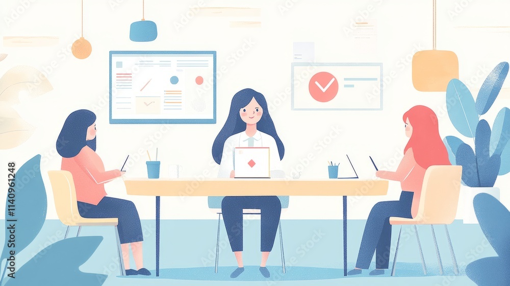 Three people in a meeting room discussing ideas with digital devices. Three people in a meeting room discussing ideas with digital devices.