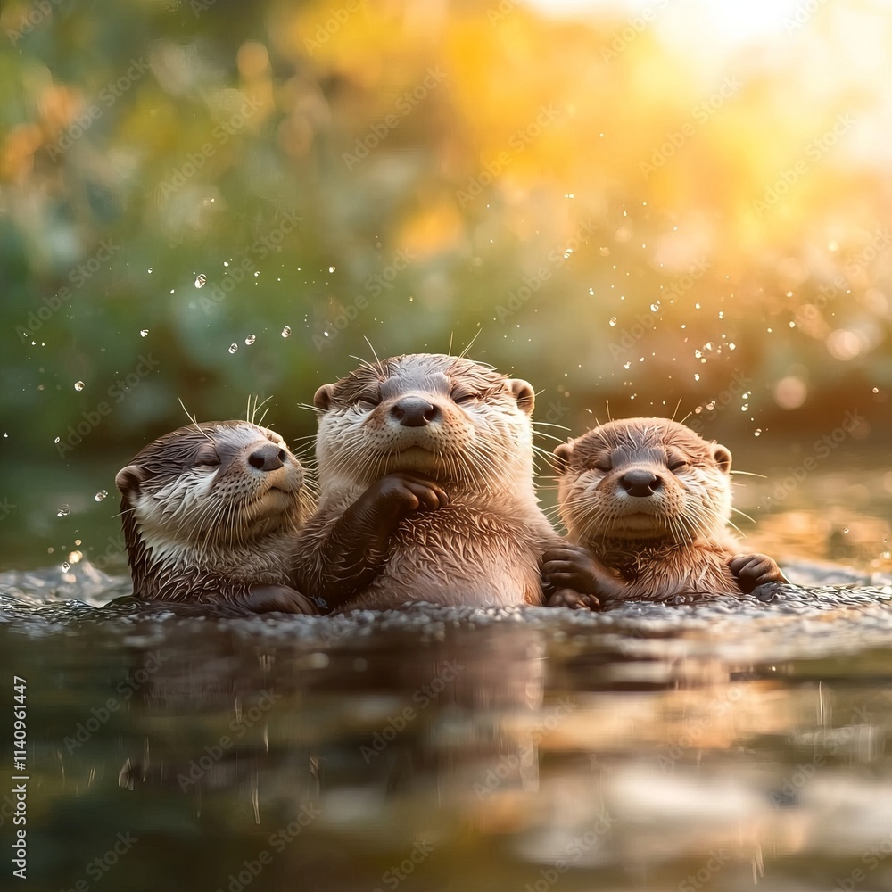 Three playful otters swimming together in a sunlit pond.