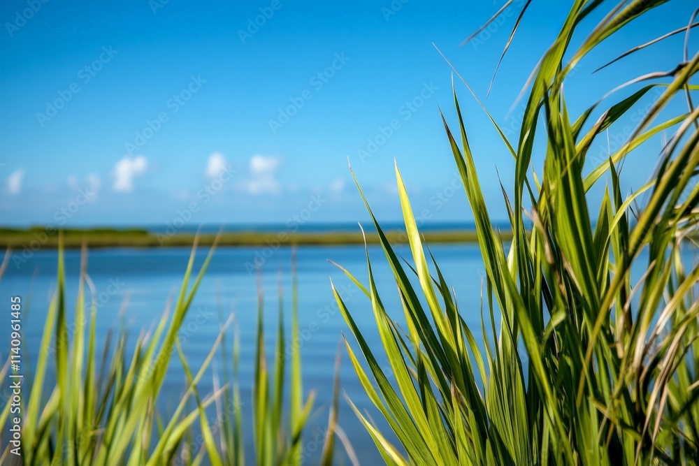 A serene landscape featuring tall green grasses swaying gently by the calm waters, reflecting blue skies and white clouds on a peaceful sunny day in nature. A serene landscape featuring tall green grasses swaying gently by the calm waters, reflecting blue skies and white clouds on a peaceful sunny day in nature.