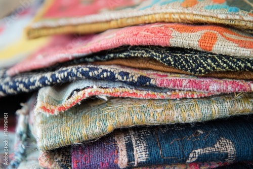 This image displays an array of neatly stacked and folded fabrics, showcasing intricate designs and vibrant colors that evoke creativity and a passion for textiles. photo