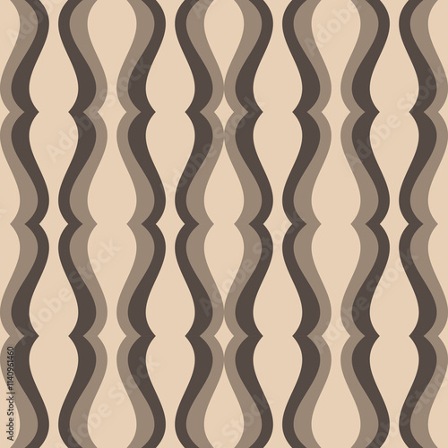 Modern elegant seamless pattern with repeating wavy, vertical lines in brown beige colors. Vector ornamental beautiful background. Fabric pattern. Endless ornate texture with stripes, curves.