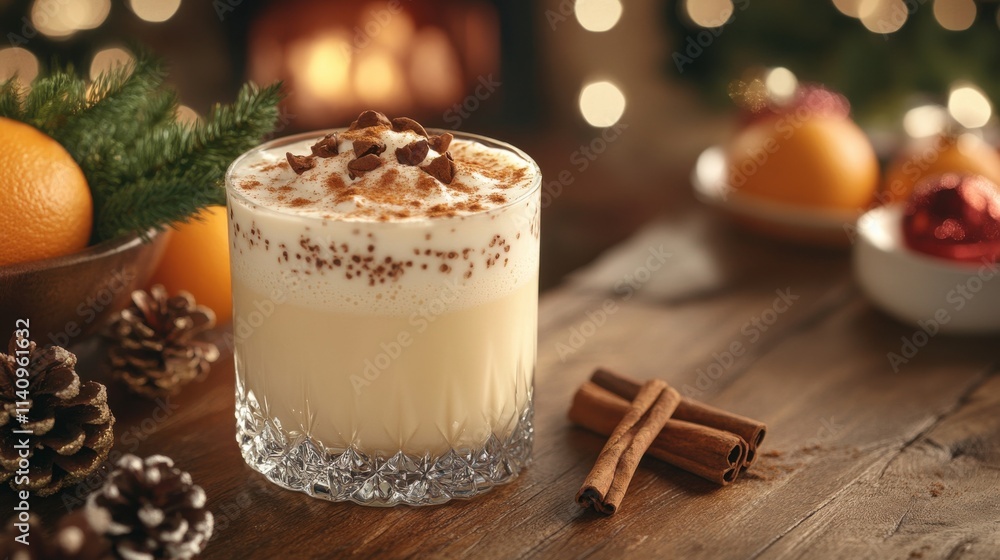 Cozy holiday vibe with creamy eggnog and spices on wooden table Cozy holiday vibe with creamy eggnog and spices on wooden table