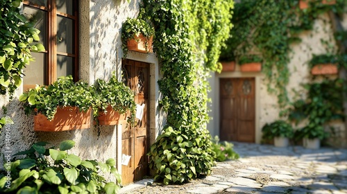 Fototapeta Naklejka Na Ścianę i Meble -    Building with lush greenery along its sides and a central door