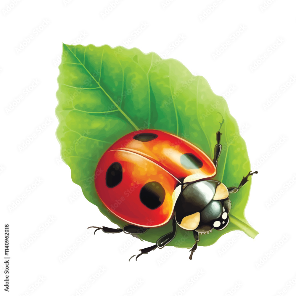 3d red and black cartoon ladybug on green leaf. Drawing surface isolated lady bug insect pattern illustration on white background. Decorative beautiful ornate design.