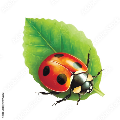 3d red and black cartoon ladybug on green leaf. Drawing surface isolated lady bug insect pattern illustration on white background. Decorative beautiful ornate design.