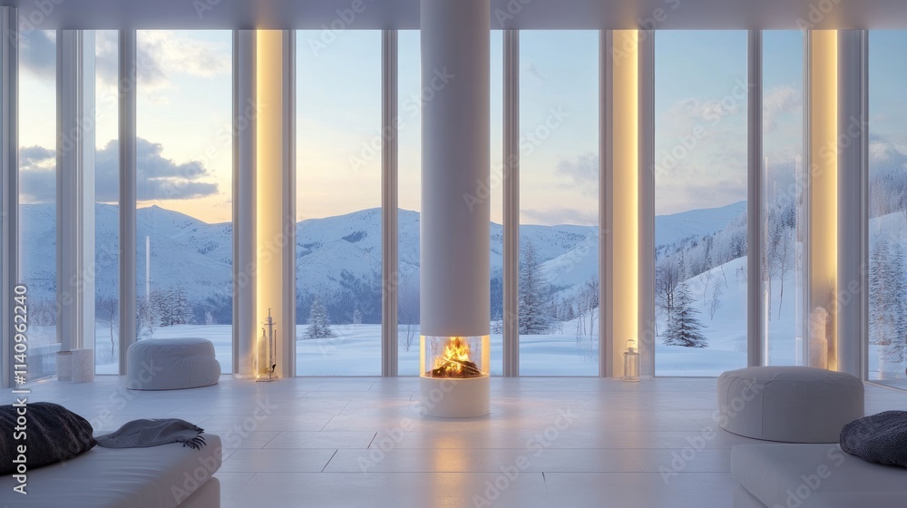 Modern minimalist living room with fireplace and panoramic snowy mountain view. Modern minimalist living room with fireplace and panoramic snowy mountain view.