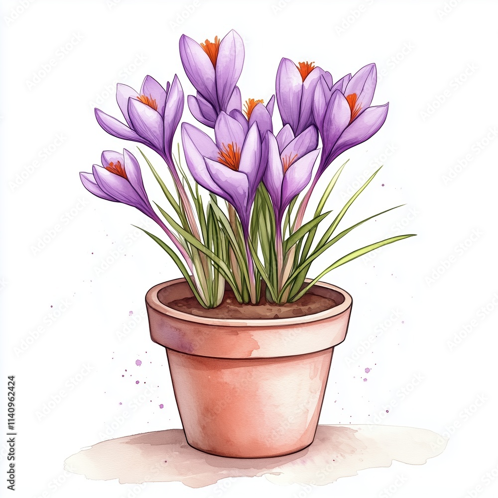 Watercolor Illustration of Purple Crocus Flowers in a Terracotta Pot Watercolor Illustration of Purple Crocus Flowers in a Terracotta Pot
