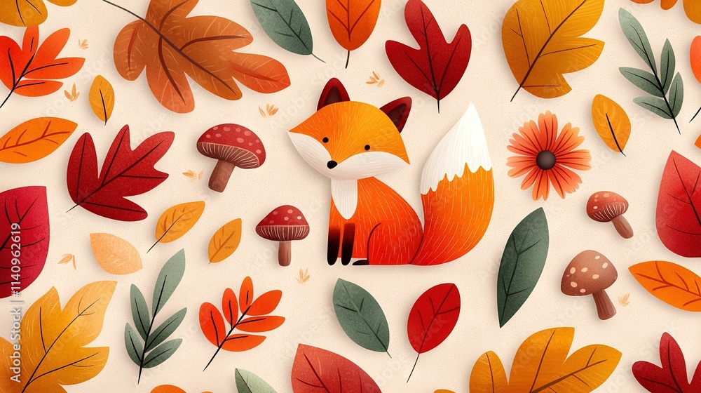 Obraz premium Paper cutout of a fox on white background, surrounded by green, orange, and red leaves, with nearby mushrooms