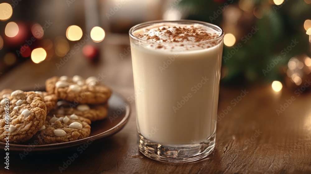 Warm and festive Christmas morning scene with eggnog and cookies Warm and festive Christmas morning scene with eggnog and cookies