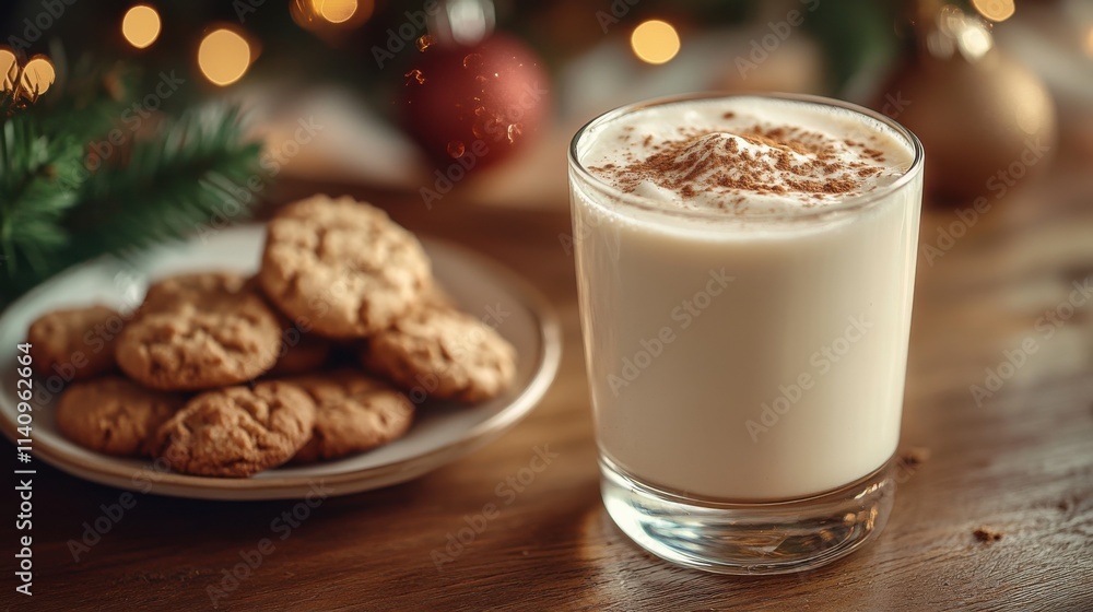 Warm and festive Christmas morning scene with eggnog and cookies Warm and festive Christmas morning scene with eggnog and cookies