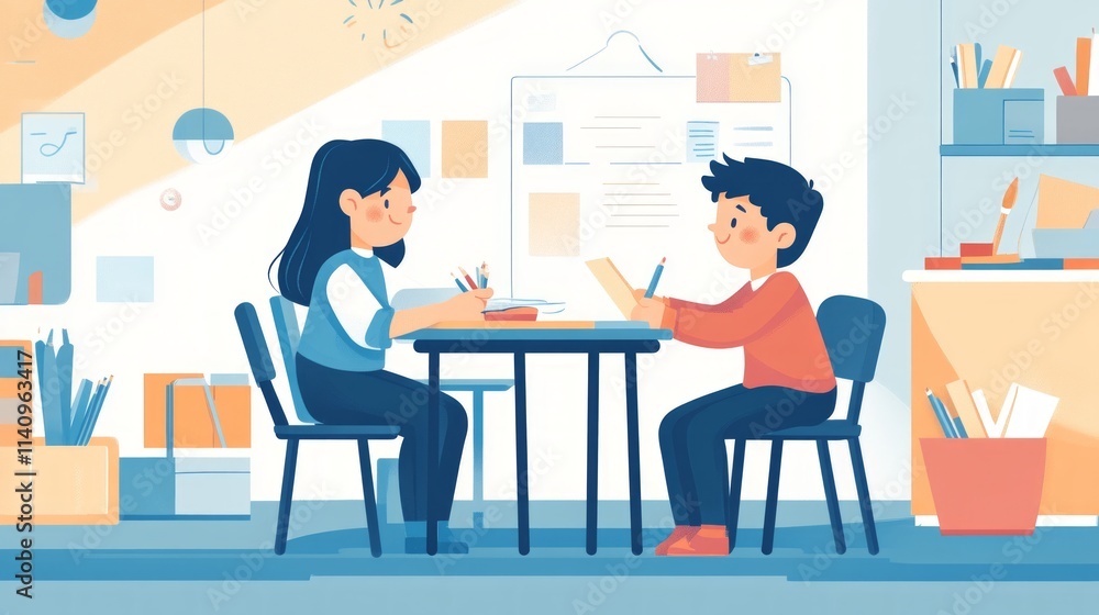 Two children studying together at a table in a cozy environment. Two children studying together at a table in a cozy environment.
