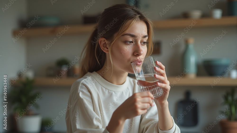 Refreshing moment of tranquility with a glass of clear water in a cozy kitchen setting Refreshing moment of tranquility with a glass of clear water in a cozy kitchen setting