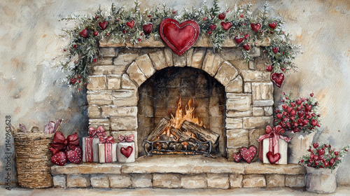 Fototapeta Naklejka Na Ścianę i Meble -  cozy watercolor scene of fireplace adorned with hearts and flowers