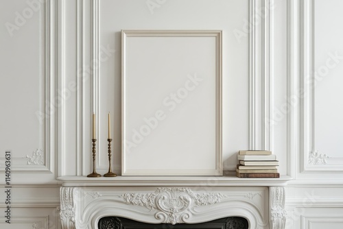 This image showcases a refined mantel decor with an empty frame, candlesticks, and books, highlighting minimalism and modern elegance in an interior setting. photo