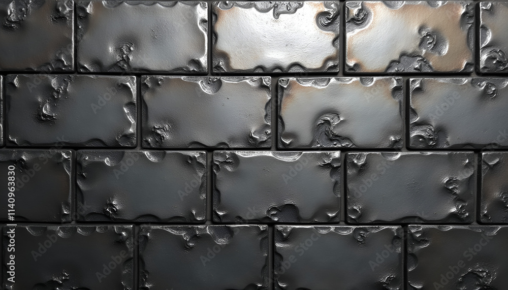 Naklejka premium Textured black metallic wall with glossy tiles, industrial and robust, modern design, copy space