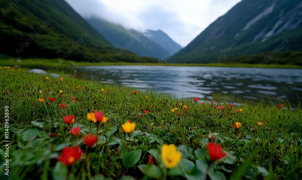 Vibrant wildflowers bloom near a serene mountain lake. Vibrant wildflowers bloom near a serene mountain lake.