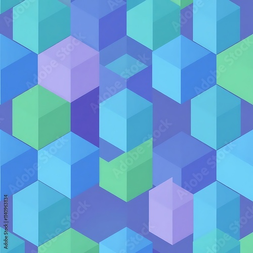 Geometric Abstraction in Blue, Green, and Purple: A seamless pattern of overlapping, translucent cubes in vibrant shades of blue, green, and purple. The cubes appear to float in a mesmerizing.
