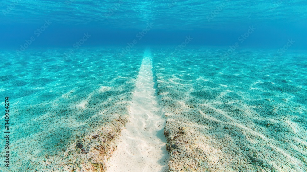 Obraz premium Path of beginning and start exploration, A serene underwater scene featuring a sandy path leading through crystal-clear turquoise waters.
