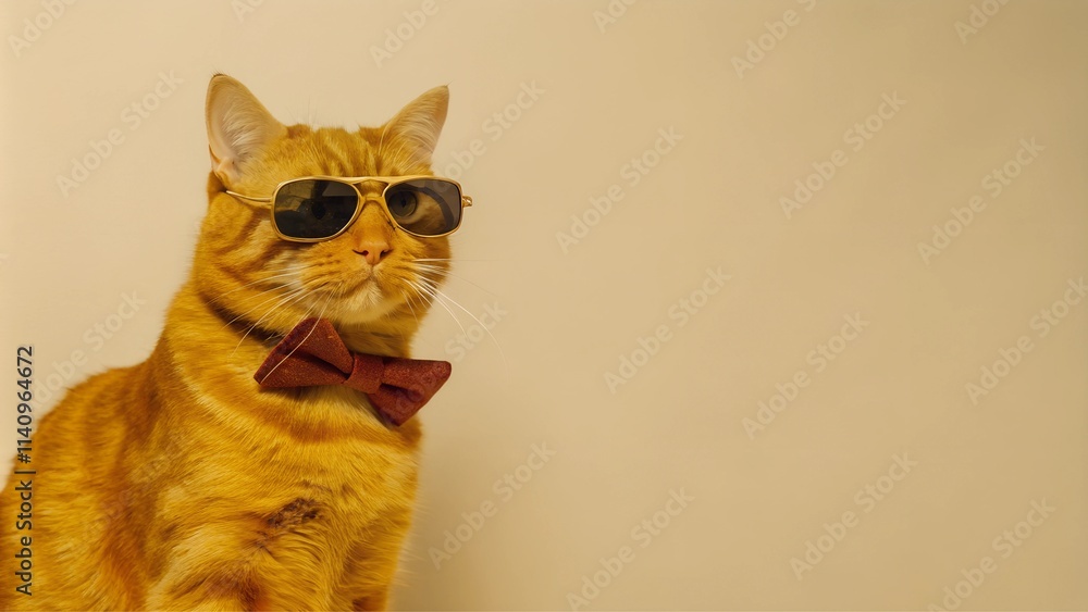 Obraz premium portrait of the stylish cat in the sunglasses and bow against colored background
